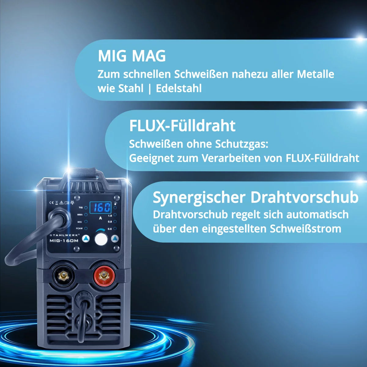 STAHLWERK MIG MAG 160 M Vollausstattung IGBT-Schweißgerät Vollsynergisches 5 in 1 Kombigerät mit echten 160 Ampere und 2 Rollen Antrieb / Fülldraht, MIG MAG, ARC MMA, Lift TIG