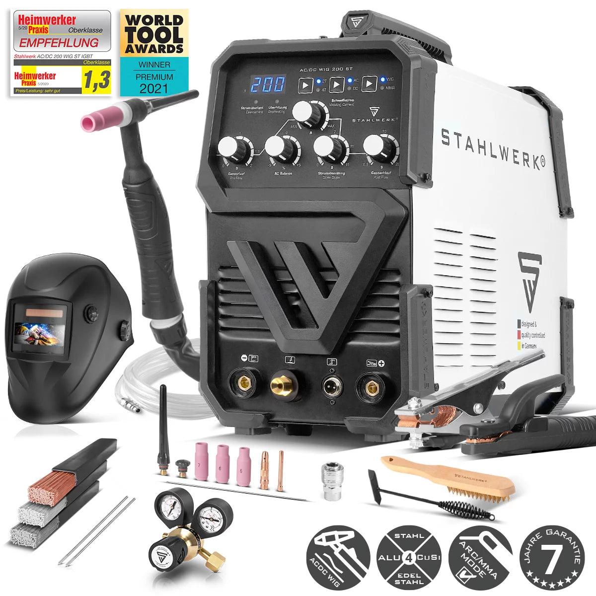 STAHLWERK AC/DC WIG 200 ST IGBT Vollausstattung, Kombi Schweißgerät mit 200 Ampere WIG MMA, Aluminium schweißen
