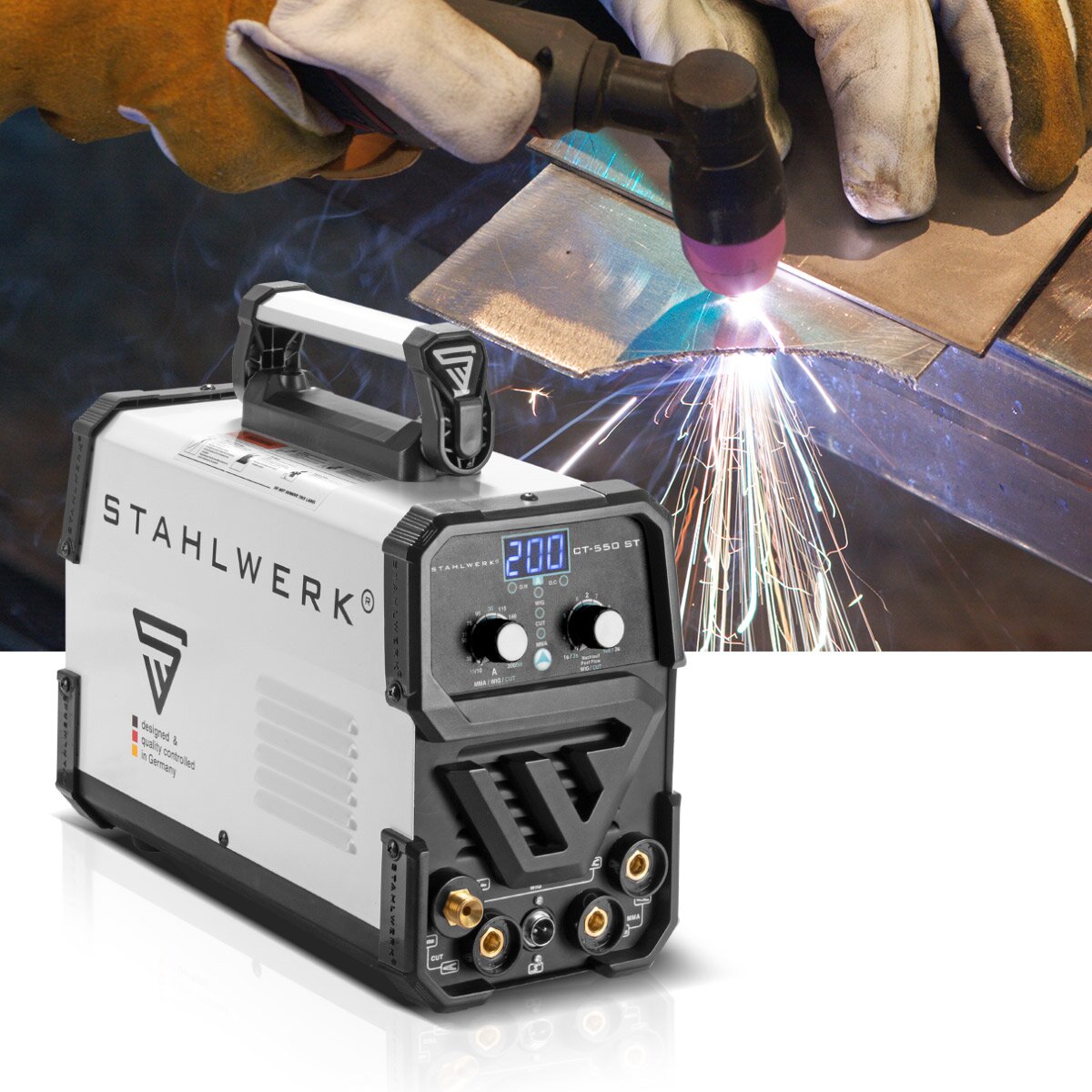 Steelworks 3 in 1 combi welding device CT 550 ST IGBT with electrode and plasma function / DC WIG MMA welding device with plasma cutter up to 12mm, 200 ampere WIG / MMA + 50 A cut