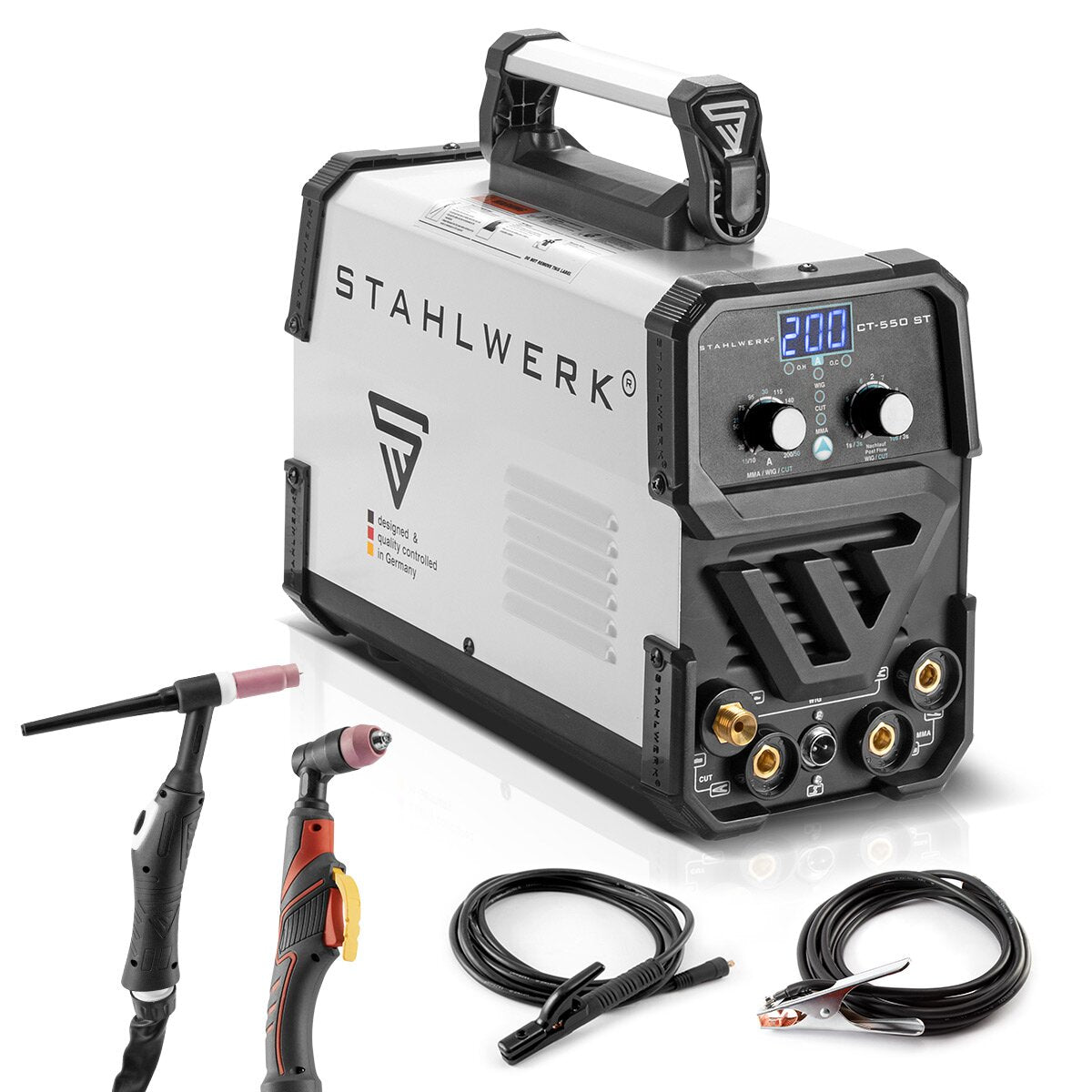 Steelworks 3 in 1 combi welding device CT 550 ST IGBT with electrode and plasma function / DC WIG MMA welding device with plasma cutter up to 12mm, 200 ampere WIG / MMA + 50 A cut