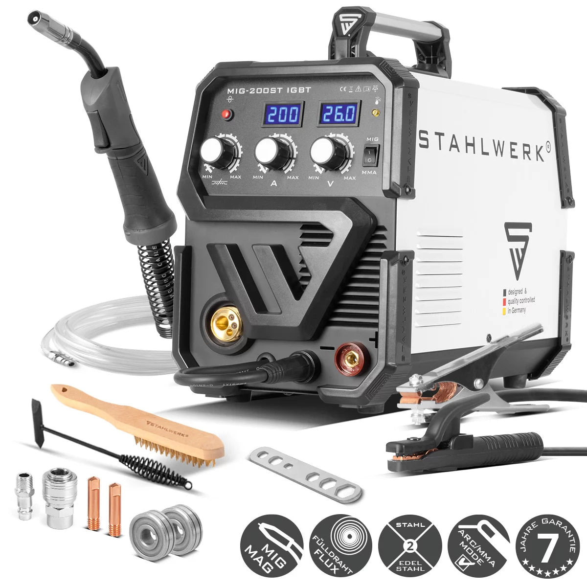 STAHLWERK MIG MAG 200 ST IGBT - MIG MAG Schutzgas Schweißgerät mit 200 Ampere, FLUX Fülldraht geeignet, mit MMA E-Hand