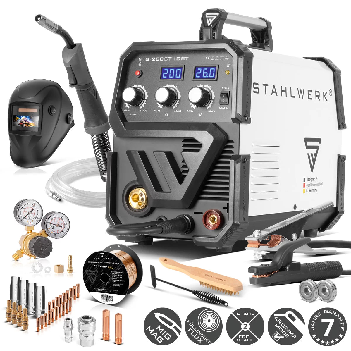 STAHLWERK MIG MAG 200 ST IGBT- Vollausstattung - MIG MAG Schutzgas Schweißgerät mit 200 Ampere, FLUX Fülldraht geeignet, mit MMA E-Hand