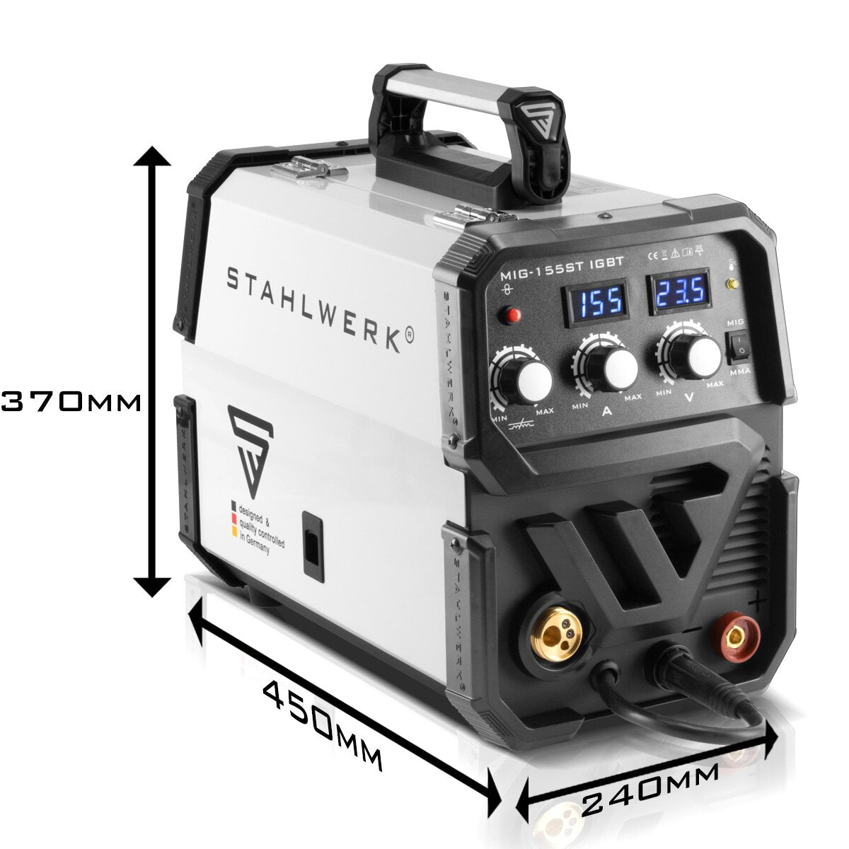 Stahlwerk welding machine Mig Mag 155 St IGBT with a synergic wire feed and real 155 ampere / protective gas welding device with MMA / e-hand