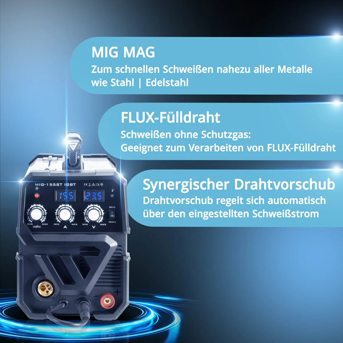 STAHLWERK welding machine MIG MAG 155 ST IGBT with synergic wire feed and real 155 amps / inert gas welding machine with MMA / E-hand