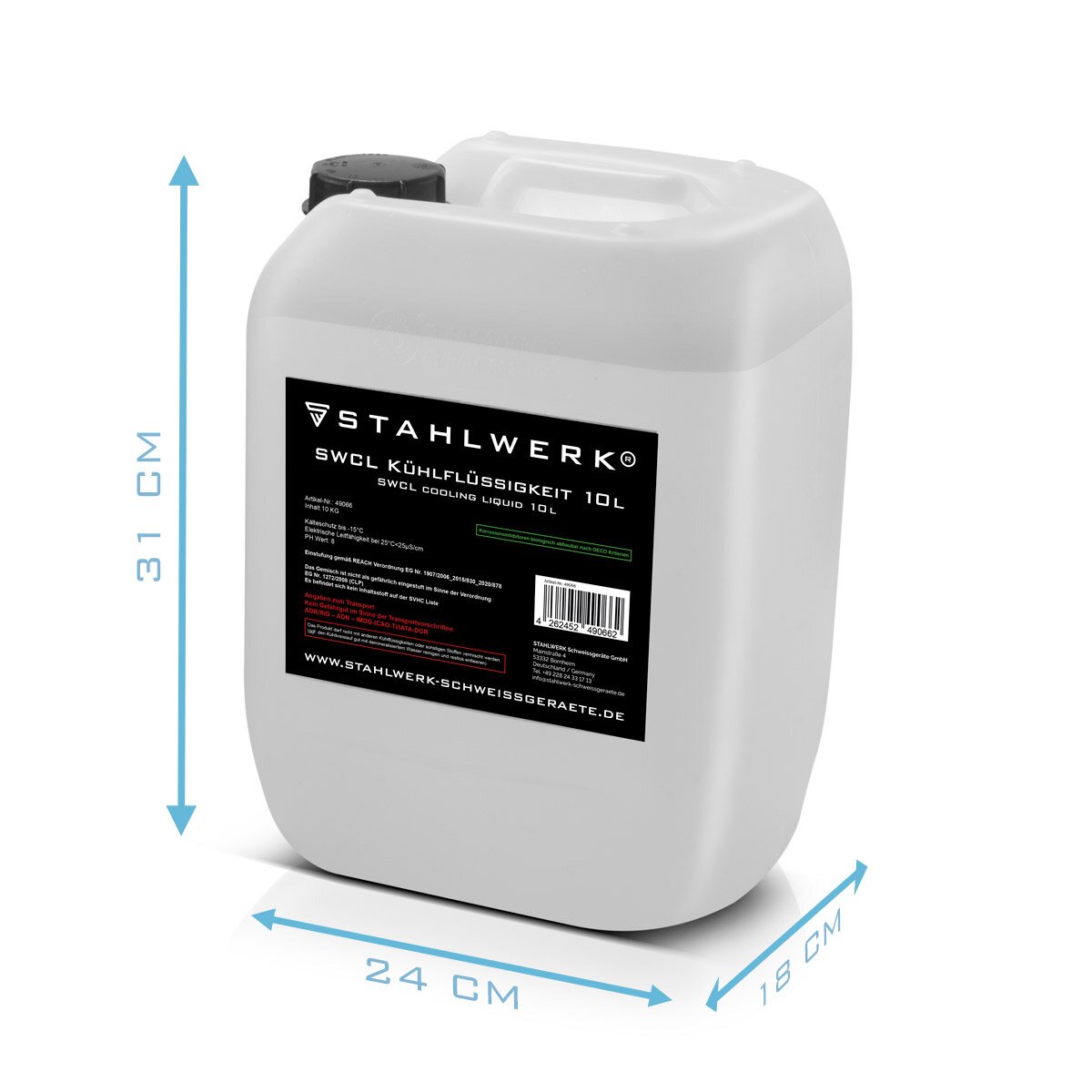 Fluid de enfriamiento SWCL 10 L de lata 25 µs/cm a -15 ° C refrigerante | Enfriamiento de agua | Agua de enfriamiento para enfriadores de agua y paquetes de manguera cocinada con agua de dispositivos de soldadura y cortadores de plasma