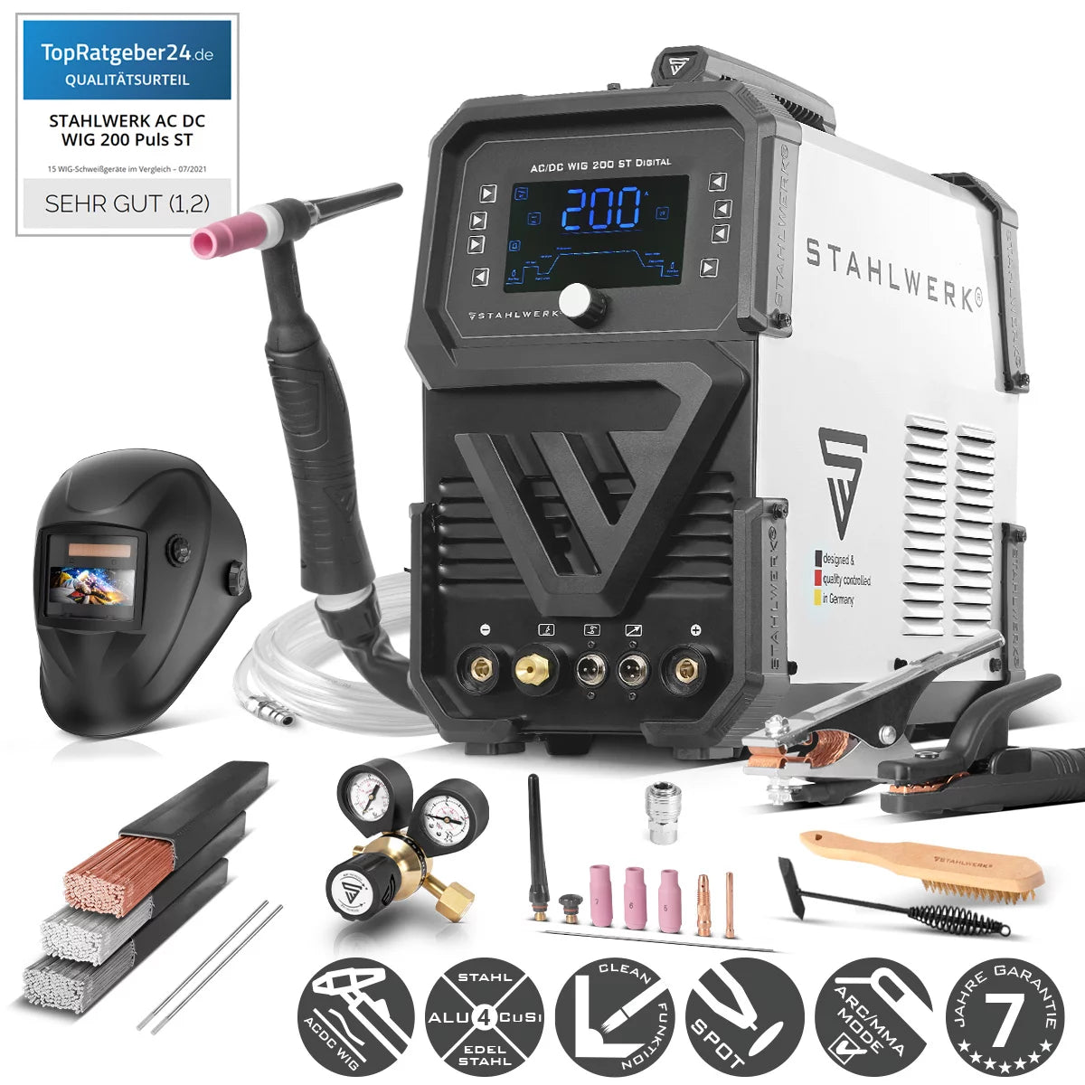 STAHLWERK Schweißgerät AC/DC WIG 200 ST Digital 2026 Vollausstattung | Kombi-Schweißgerät | Kombi-Schweißanlage | Alu-geeigneter WIG MMA Inverter mit 200 A und integrierter Clean-Funktion