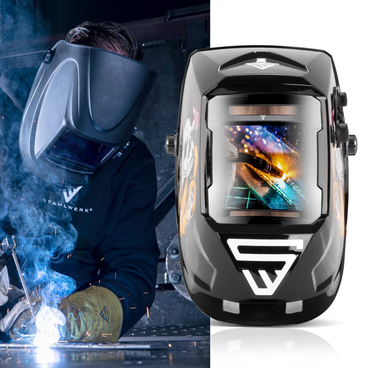 Steelworks 3 in 1 automatic welding helmet ST-990 SE "Special edition Bones" Real Color Helm | Welding umbrella | Welding mask | Welding sign for professional welding, cutting and grinding