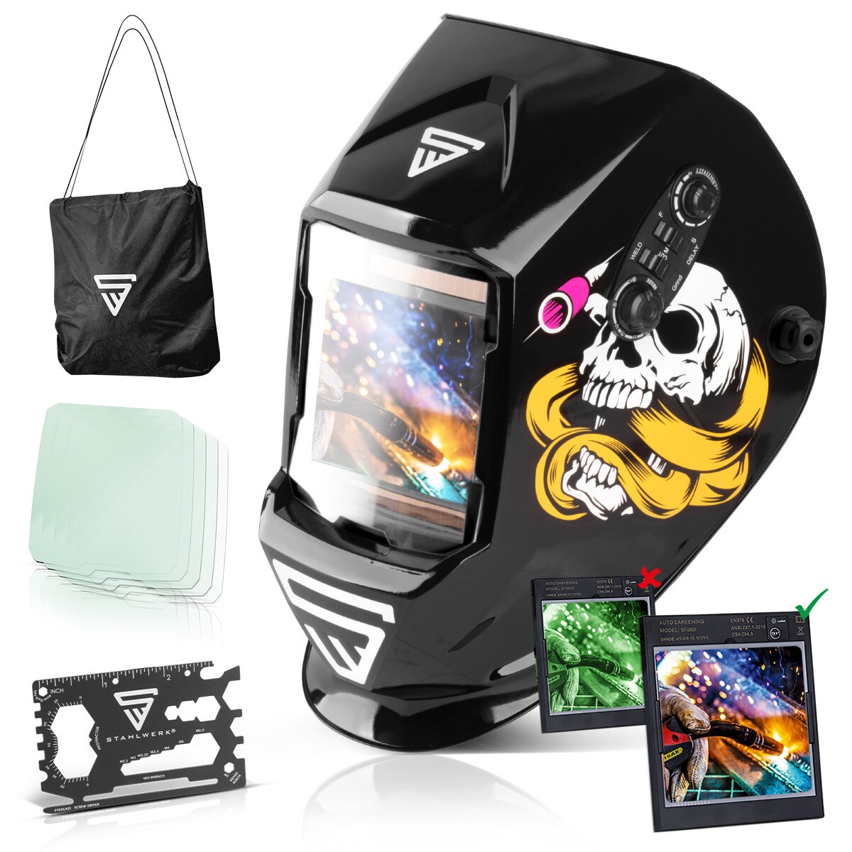 Steelworks 3 in 1 automatic welding helmet ST-990 SE "Special edition Bones" Real Color Helm | Welding umbrella | Welding mask | Welding sign for professional welding, cutting and grinding