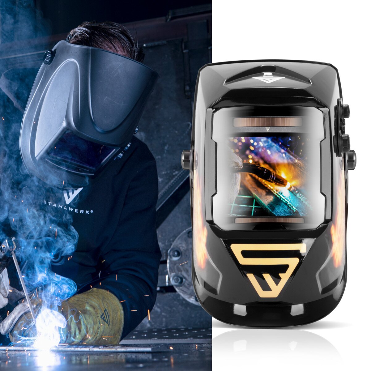 Steelworks 3 in 1 automatic welding helmet ST-990 SE "Special edition Fire" Real Color Helm | Welding umbrella | Welding mask | Welding sign for professional welding, cutting and grinding