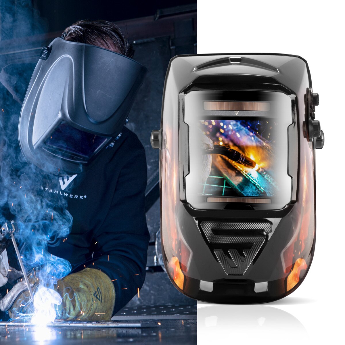 Steelworks 3 in 1 automatic welding helmet Str-1000 "Special edition Rico" Real Color Helm | Welding umbrella | Welding mask | Welding sign for professional welding, cutting and grinding