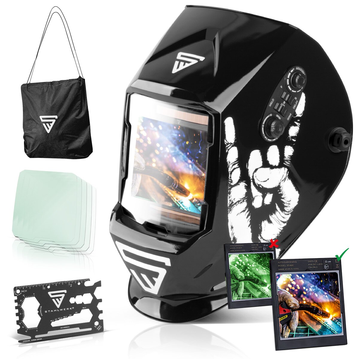 Steelworks 3 in 1 automatic welding helmet ST-990 SE "Special edition Rock" Real Color Helm | Welding umbrella | Welding mask | Welding sign for professional welding, cutting and grinding