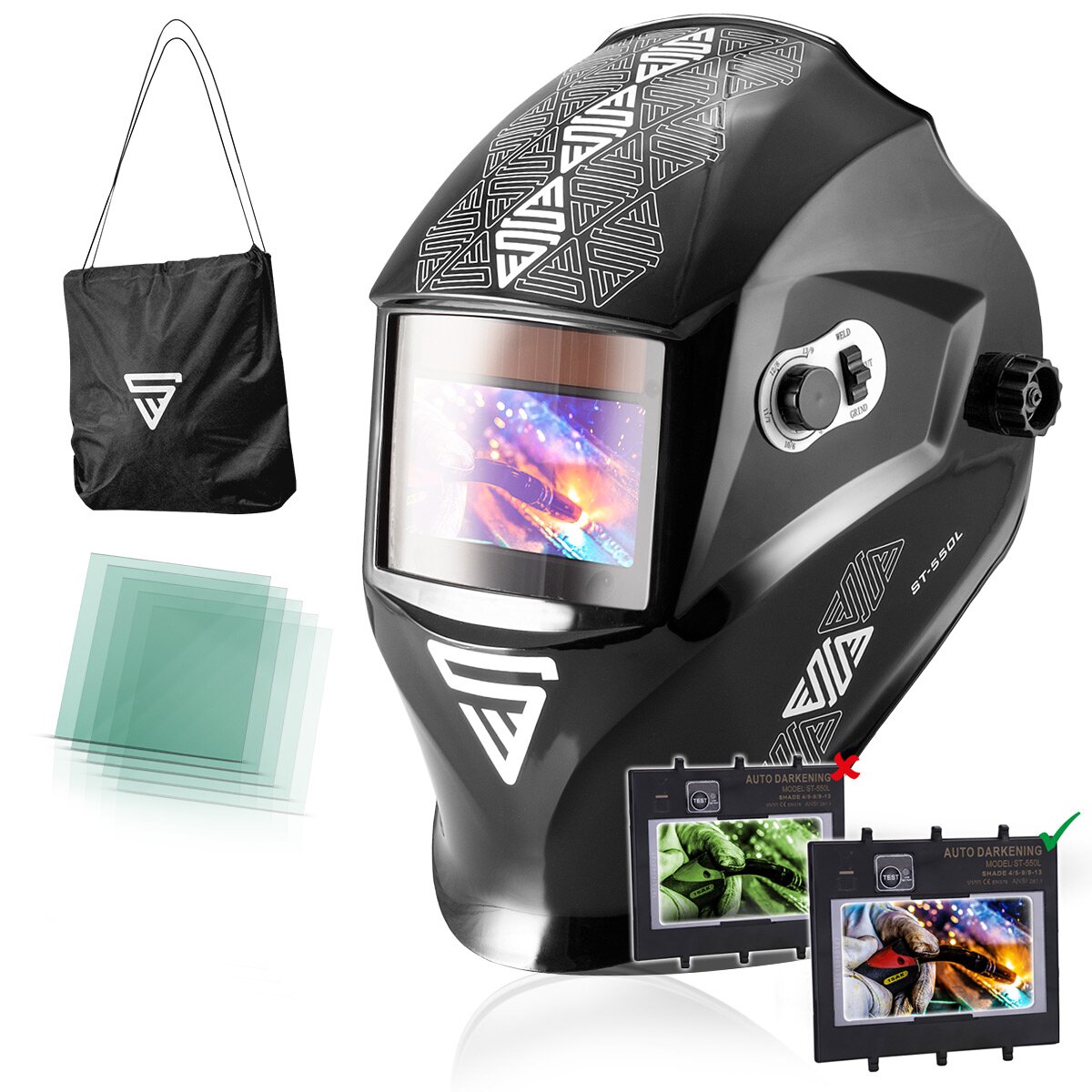 Steelwork Full automatic welding helmet ST-550 L Basic with 3-in-1 function and Real Color Color rendering, including 5 replacement discs & bags