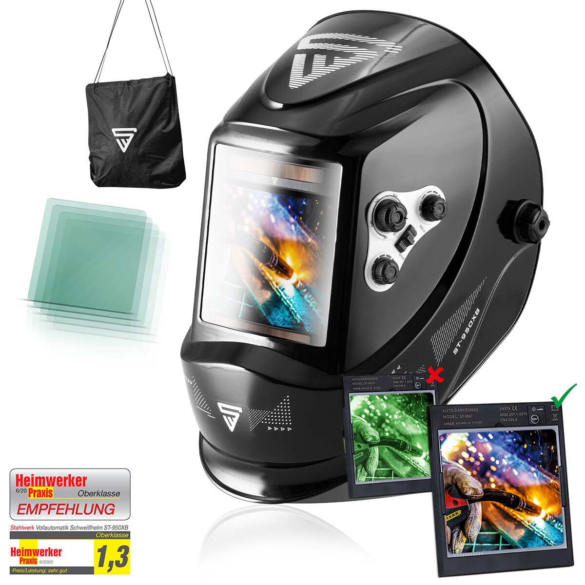 Stahlwerk ST-950 XB full automatic Real Color welding helmet with 3 in 1 function, black glossy, including 5 replacement discs & bags