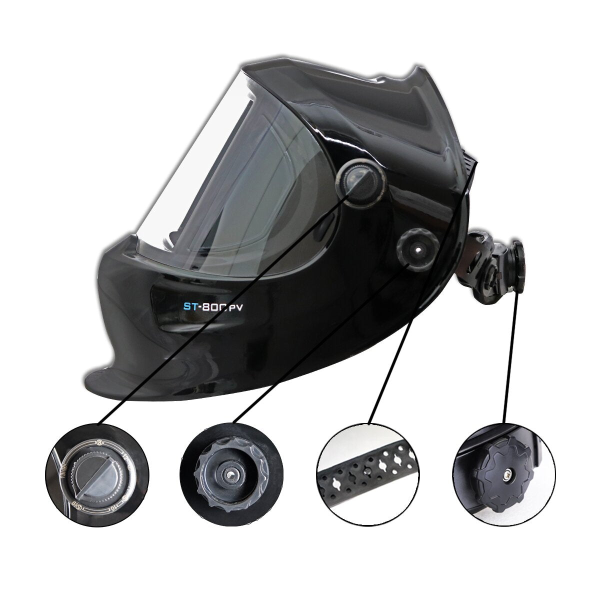 Steelworks full automatic real color welding helmet ST-800 PV, 3 in 1 function, 180 ° visibility, black glossy, large field of vision, including 2 spare discs