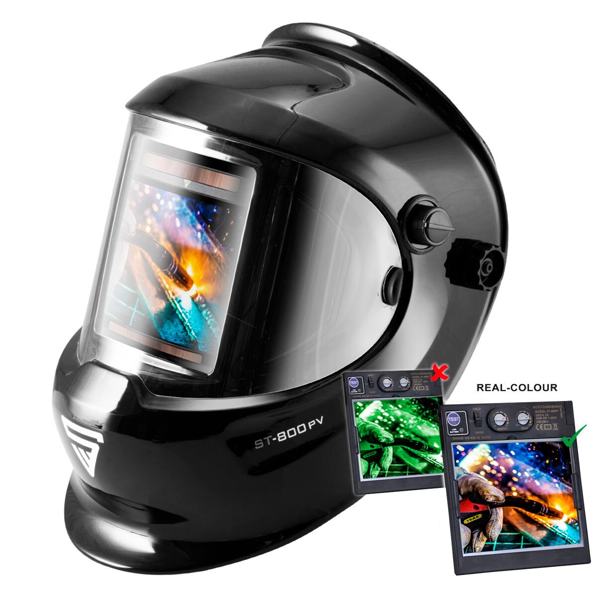 Steelworks full automatic real color welding helmet ST-800 PV, 3 in 1 function, 180 ° visibility, black glossy, large field of vision, including 2 spare discs