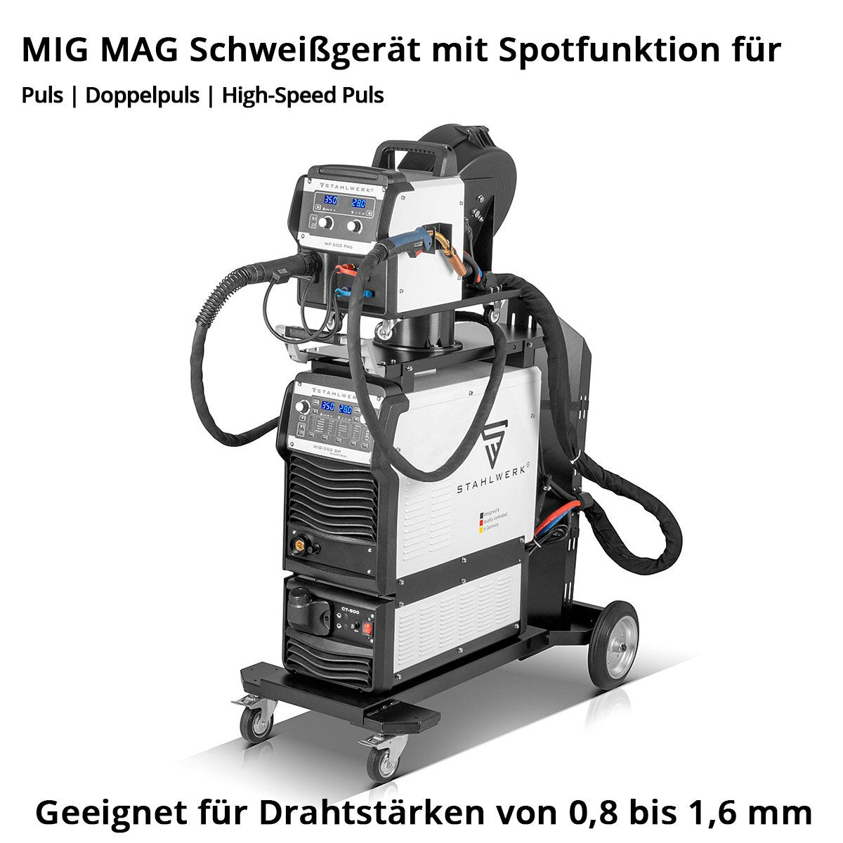 Dispositivo di saldatura industriale in acciaio MIG 350 DP Inverter IGBT raffreddato ad acqua con 350 A e funzione spot, sistema Mig Mag Weiss con impulso | Double Pulse | Impulso ad alta velocità