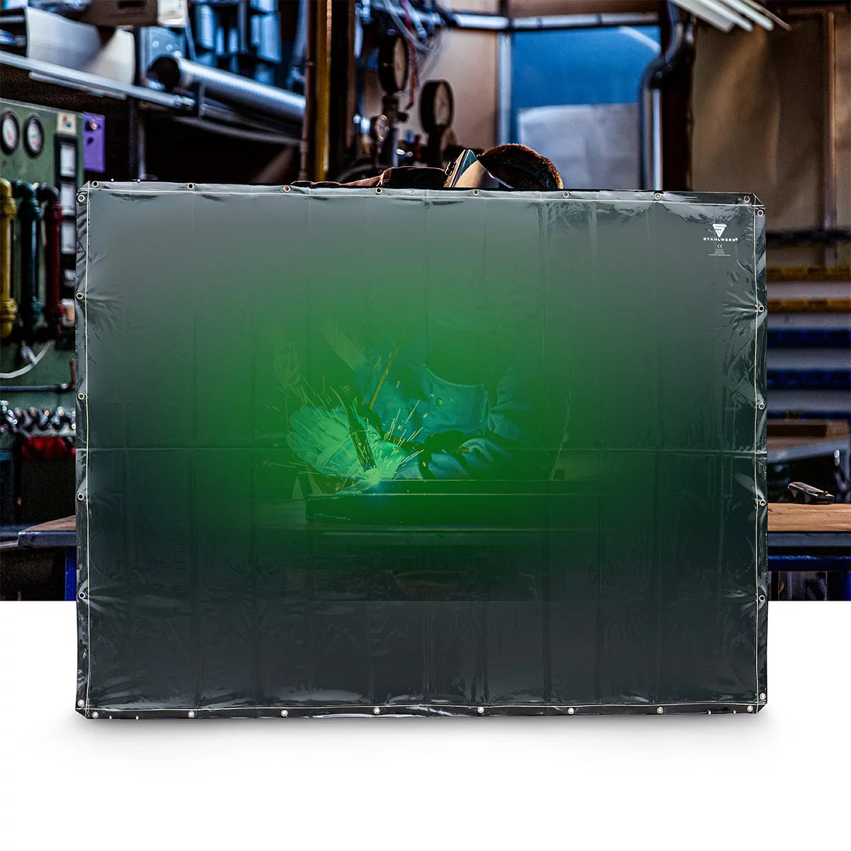 STAHLWERK Schweißschutzvorhang 240 x 180 cm | Schweißvorhang aus UV-resistentem Vinyl-Kunststoff | Extradunkel | DIN EN ISO 25980 | Effektiver Schutz bei Schweiß-, Schneid- und Schleifarbeiten