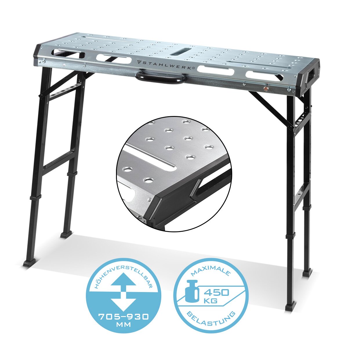 Steelworks mobile welding table AWT-930 ST 1068 x 532 mm height-adjustable, foldable workbench | Work table | Assembly table with 705 - 930 mm lifting area, 450 kg load capacity and D20 perforated plate