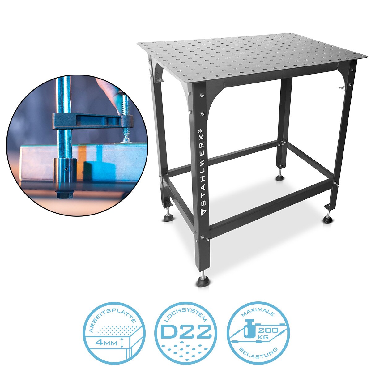 Steelworks welding table WT-955 ST 915 x 610 mm galvanized assembly table with 200 kg load capacity, D22 punch plate and powder-coated legs