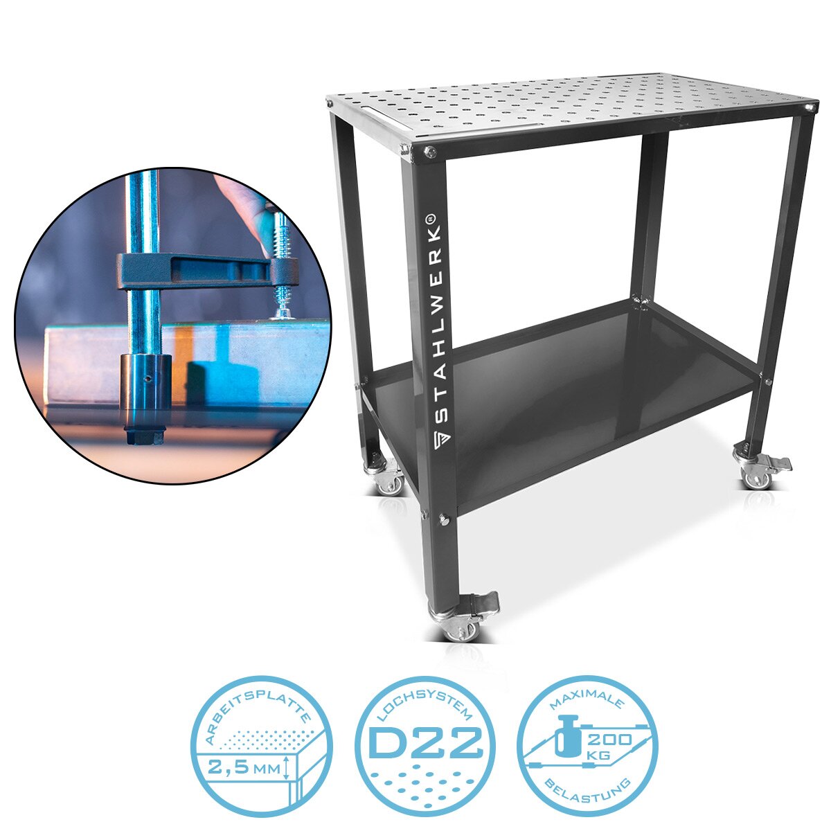 Steelworks Welding table WT-960 ST 915 x 457 mm galvanized assembly table with 200 kg load capacity, D22 perforated plate, powder-coated legs and storage compartment