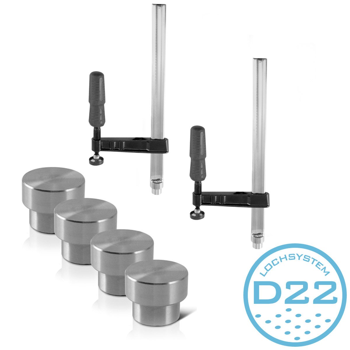 Steelworks welding table-accessories-basic set High-quality clamping and fixing aids for D22 hole system with 2 screw clamps and 4 clamping bolts