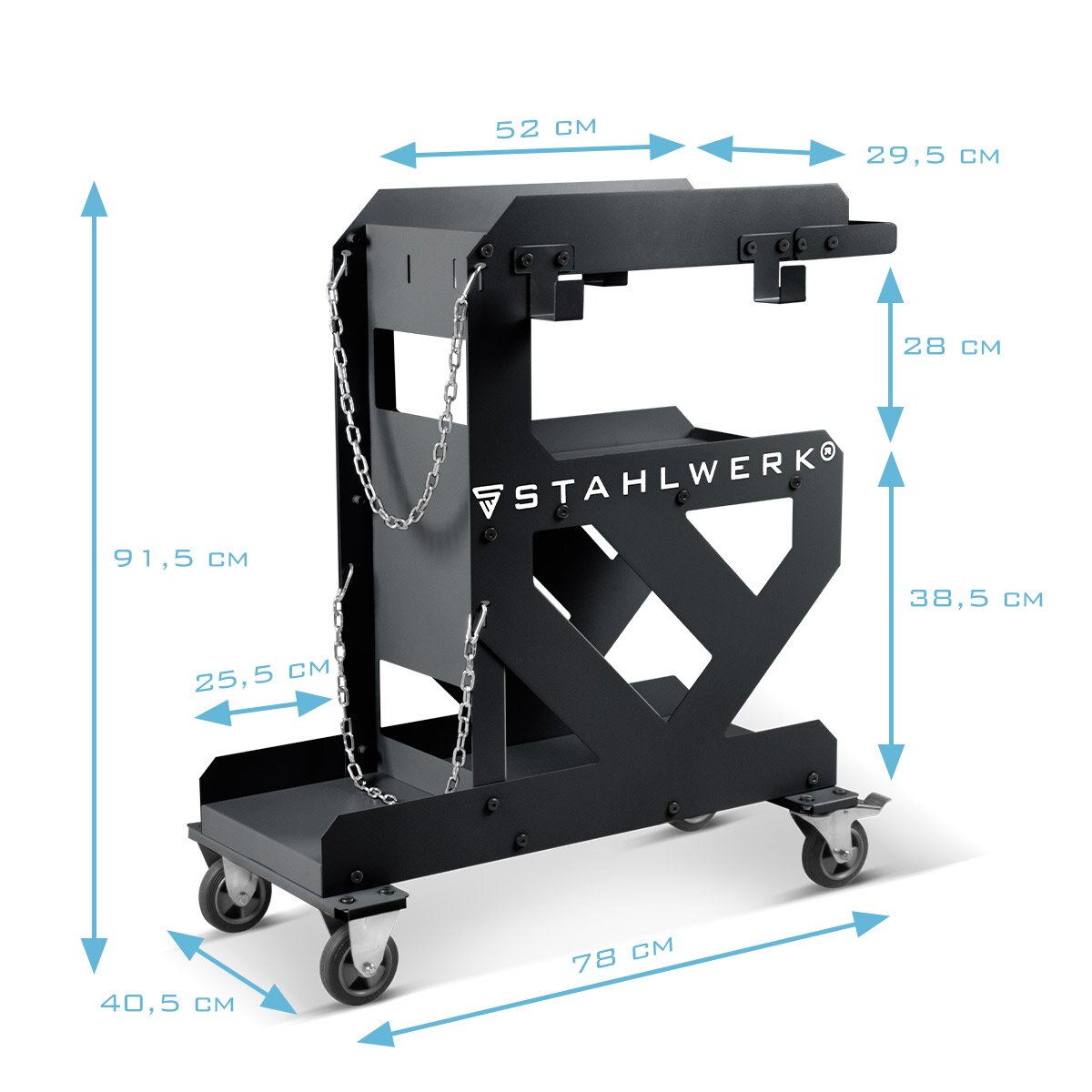 Steelworks welding car / welding device with 1.5 mm wall thickness, device car for welding devices and plasma cutter with bracket for hoses and cables including stable chain protection for gas bottles