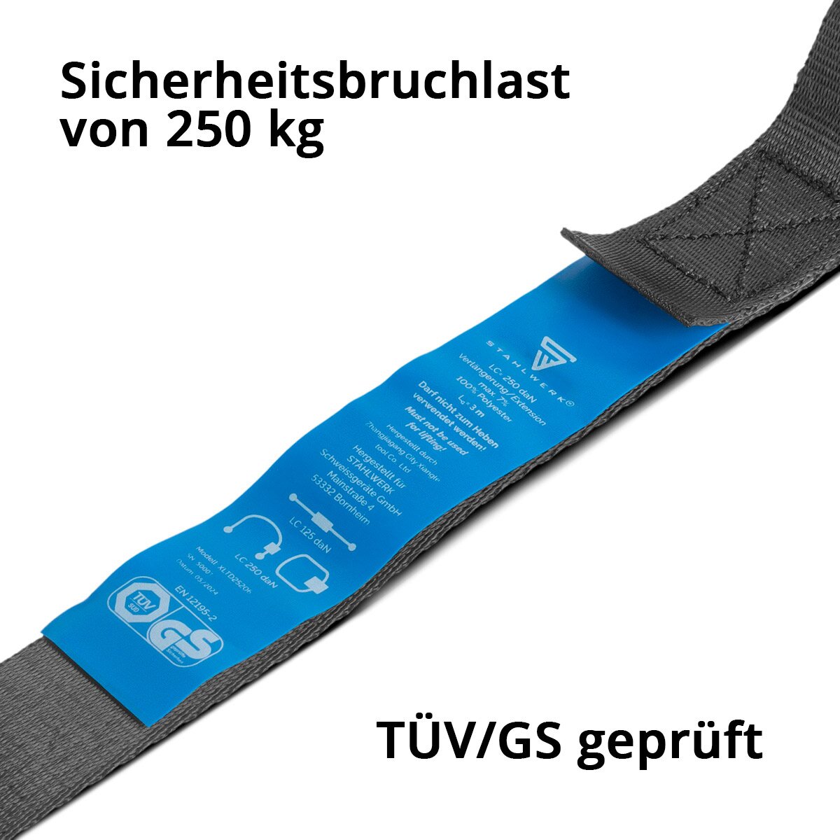 Cinturón de sujeción de acero de acero 4er Conjunto de 5 m x 25 mm LC 250 Dan Strap de fijación | Correa de azotes con bloqueo de sujeción Tüv/GS marcado