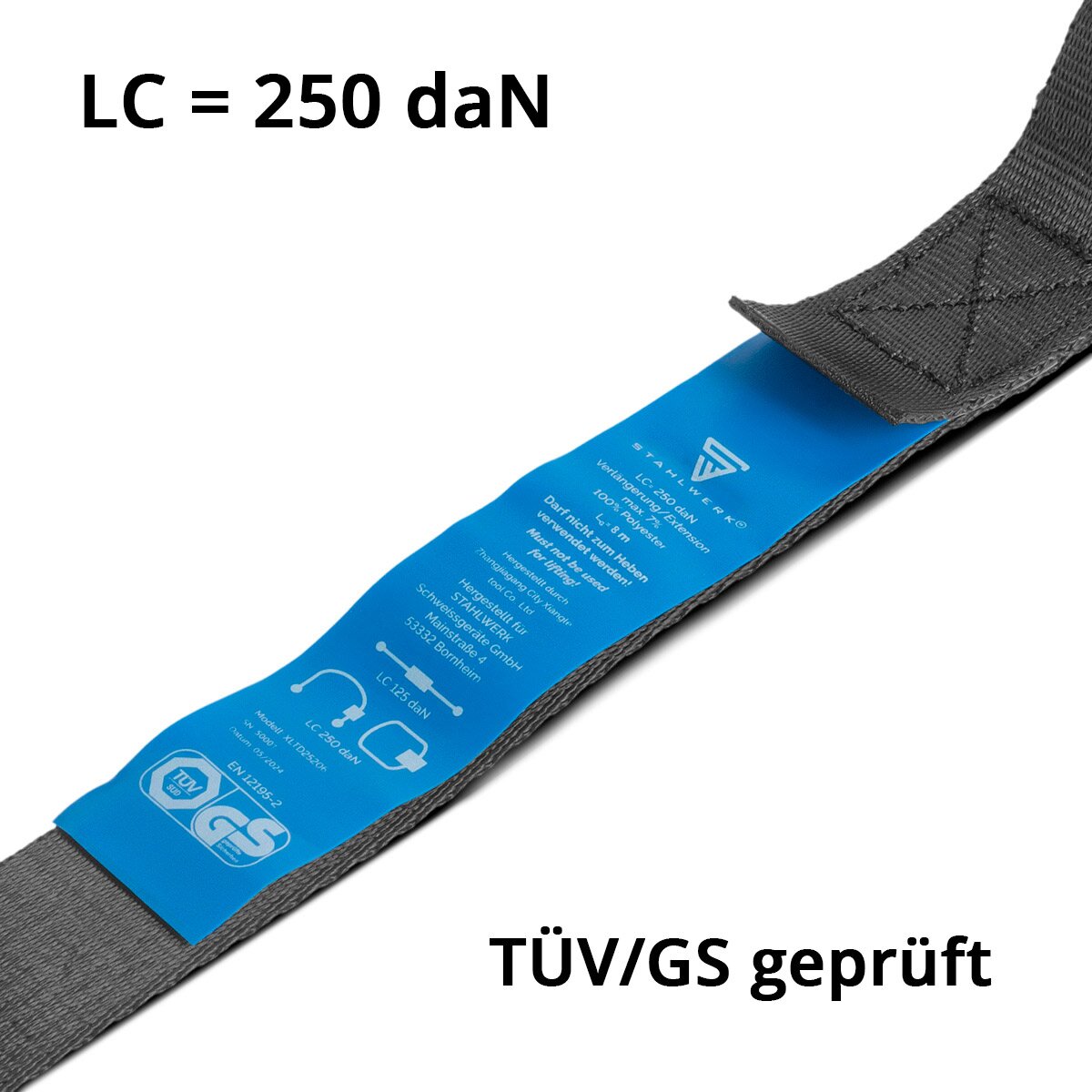 Steelwork clamping belt 4er set 8 m x 25 mm LC 250 Dan fastening strap | Lashing strap with clamping lock TÜV/GS checked