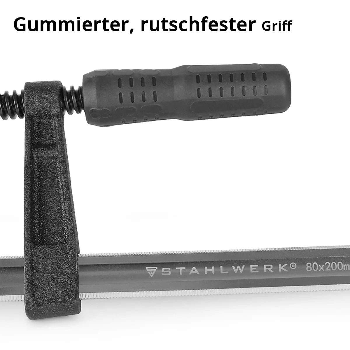 STAHLWERK Spannzwinge für Schweißtische| F-Clamp mit Spannbereich 80 x 200 mm| D 16 Lochsystem | Fixiert Werkstücke sicher | Vernickelter Schaft | Profil-Führungsschiene | Vollgummierter Knebelgriff