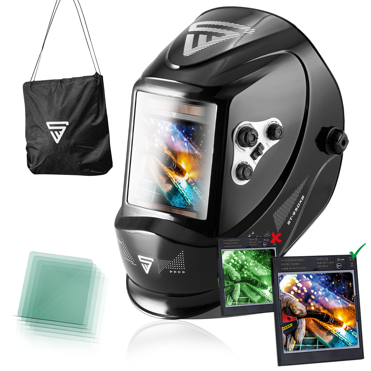 Stahlwerk ST-950 XB full automatic Real Color welding helmet with 3 in 1 function, black glossy, including 5 replacement discs & bags