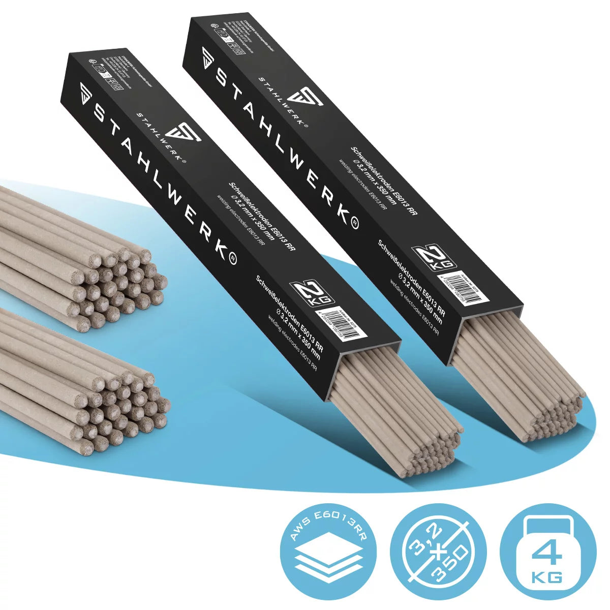 STAHLWERK 2x rod electrodes AWS E6013RR thick rutile coated 3.2 x 350 mm, welding current 90-130 A, high chemical purity, 2 kg MMA ARC.