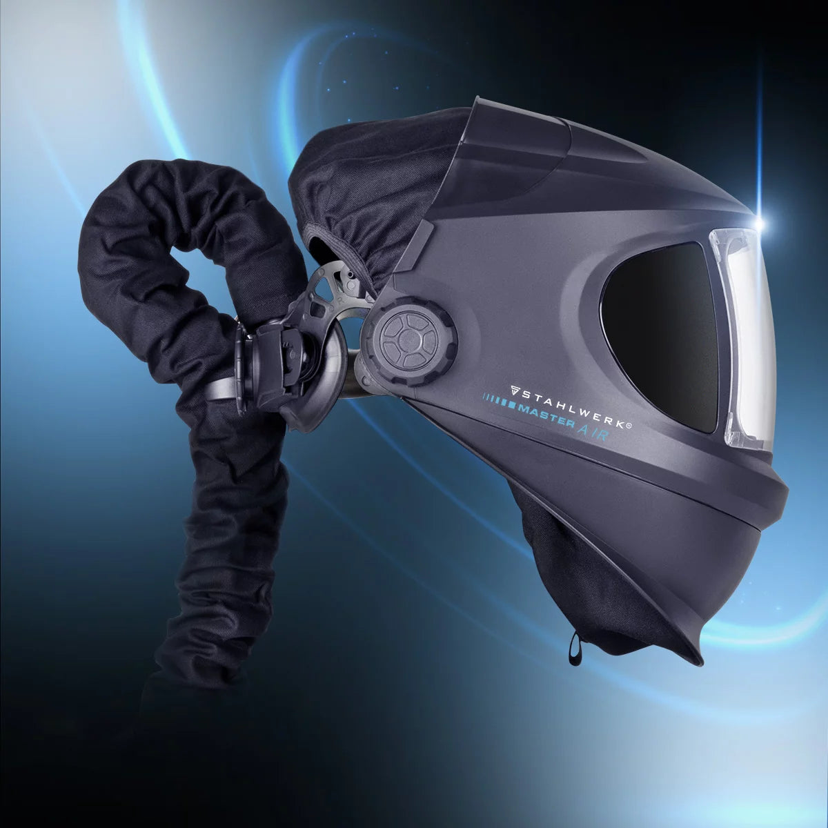 STAHLWERK 3-in-1 Automatik-Schweißhelm MASTER AIR | Schweißhelm mit Frischluftzufuhr | Bluetooth-Fernsteuerung | True-Colour-Farbwiedergabe | Abdunkelung DIN 4 bis DIN 14 | Optische Klasse 1/1/1/1