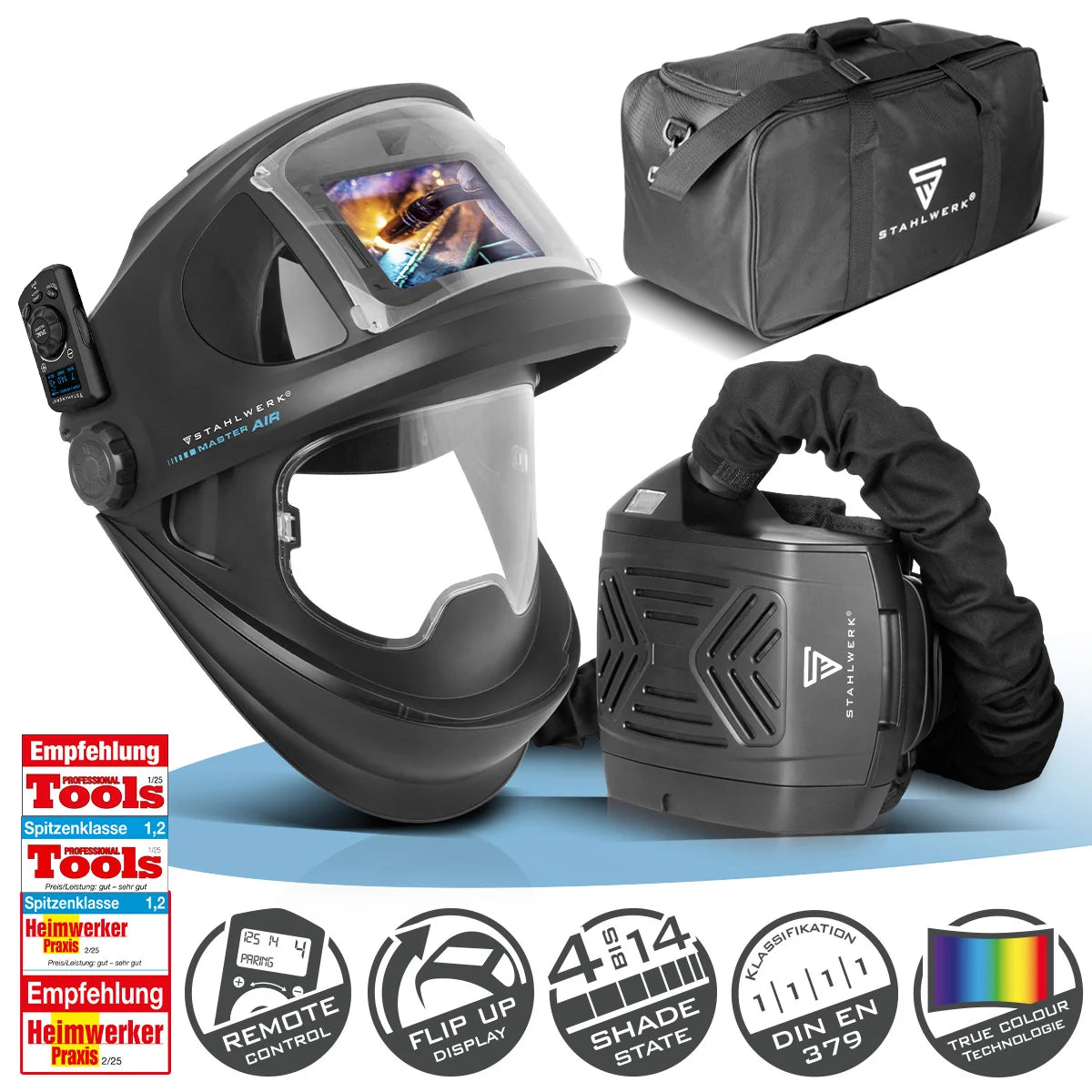 Casco de soldadura automático STAHLWERK 3 en 1 MASTER AIR | Casco de soldadura con suministro de aire fresco | Mando a distancia Bluetooth | Reproducción de color verdadero | Oscurecimiento DIN 4 hasta DIN 14 | Clase óptica 1/1/1/1
