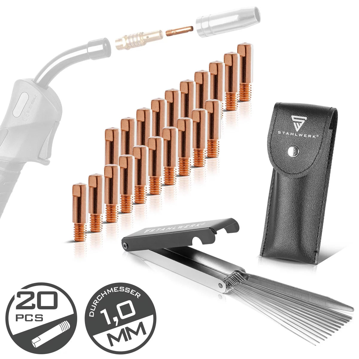 STAHLWERK MIG MAG contact tip set | Set of 20 contact tips M6x25 1.0 mm | 13-in-1 nozzle cleaner in a case | Accessories for AK15, MB15, AK14, MB14 | Cleaning and wear parts set for MIG/MAG welding torches