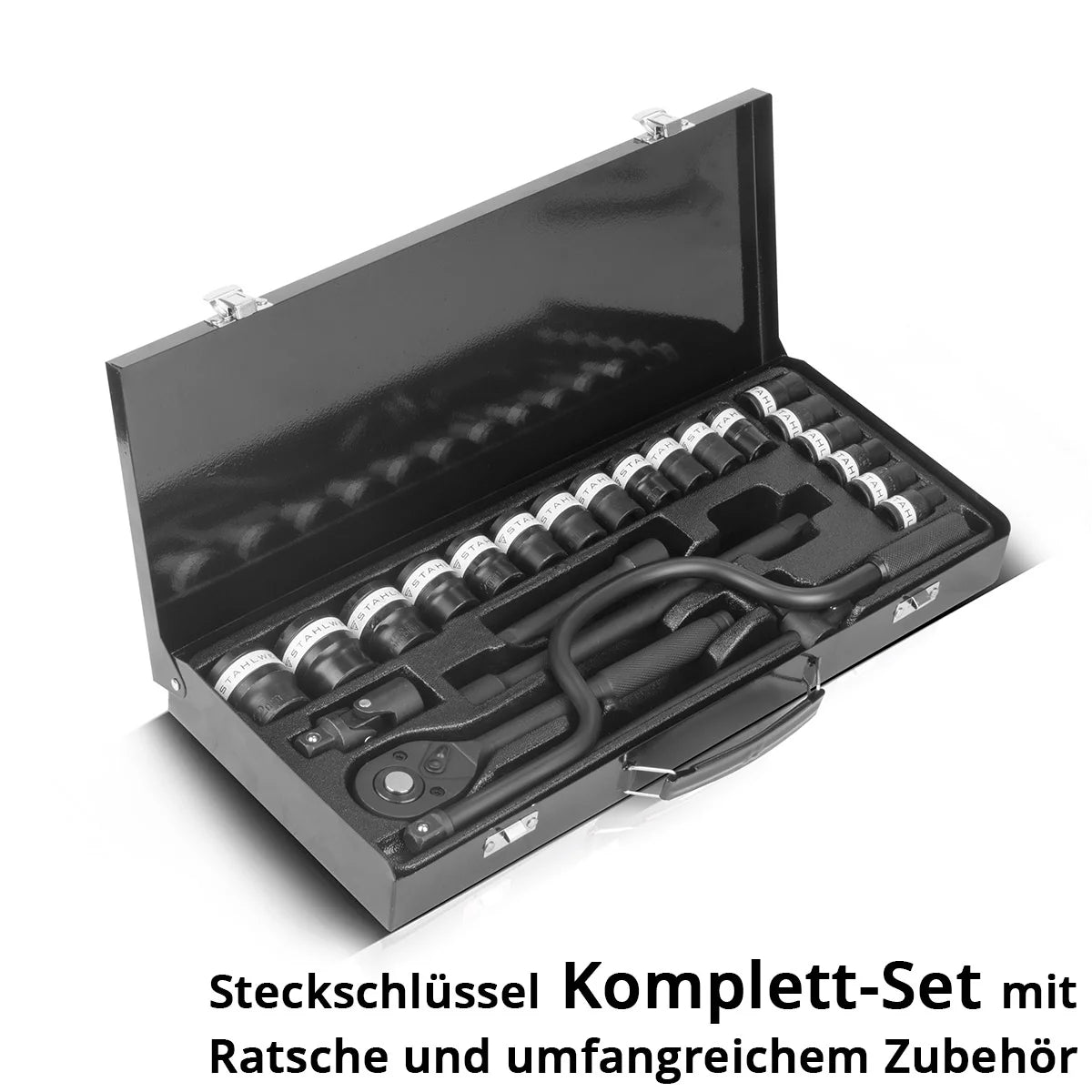 STAHLWERK Steckschlüssel-Satz 24-teiliger Knarrenkasten | Ratschen-Set | Steckschlüssel-Set | Stecknuss-Satz | Ratschenkasten mit 1/2" Umschaltknarre, Stecknüssen, Handkurbel und Zubehör