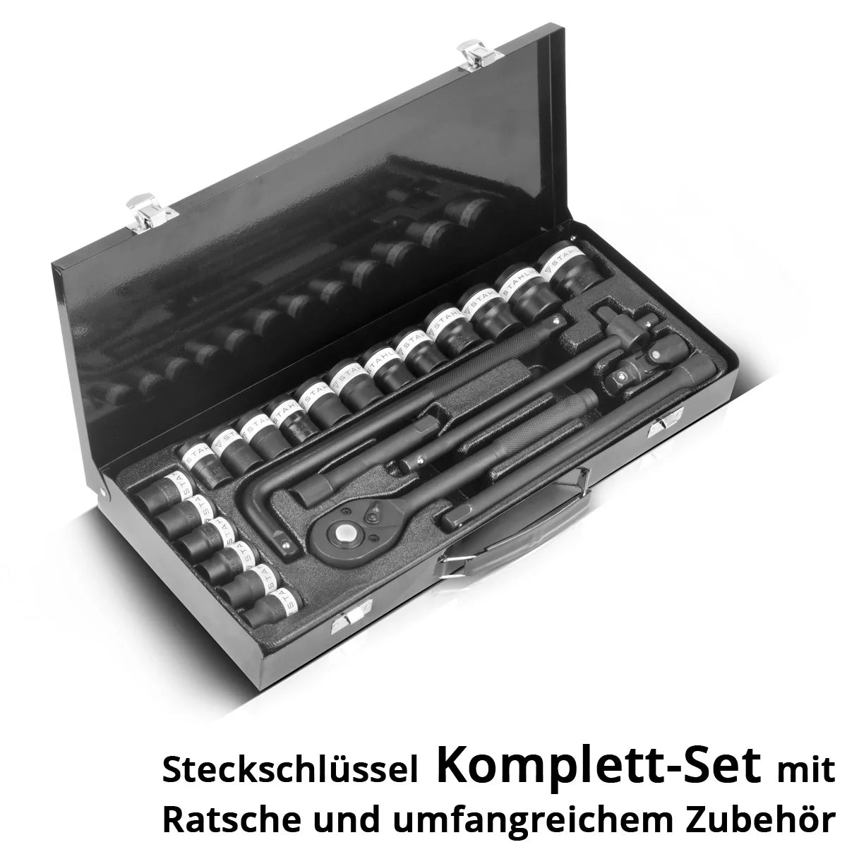 Steelwork STCCHE STUTUCIÓN Caja crujiente de 24 partes | Conjunto de trinquete | Stcking cannet set | Oración de Pinut | Ratchet Box | Caja de llave de redacción con interruptor de 1/2 "ejecutado, enchufe y accesorios