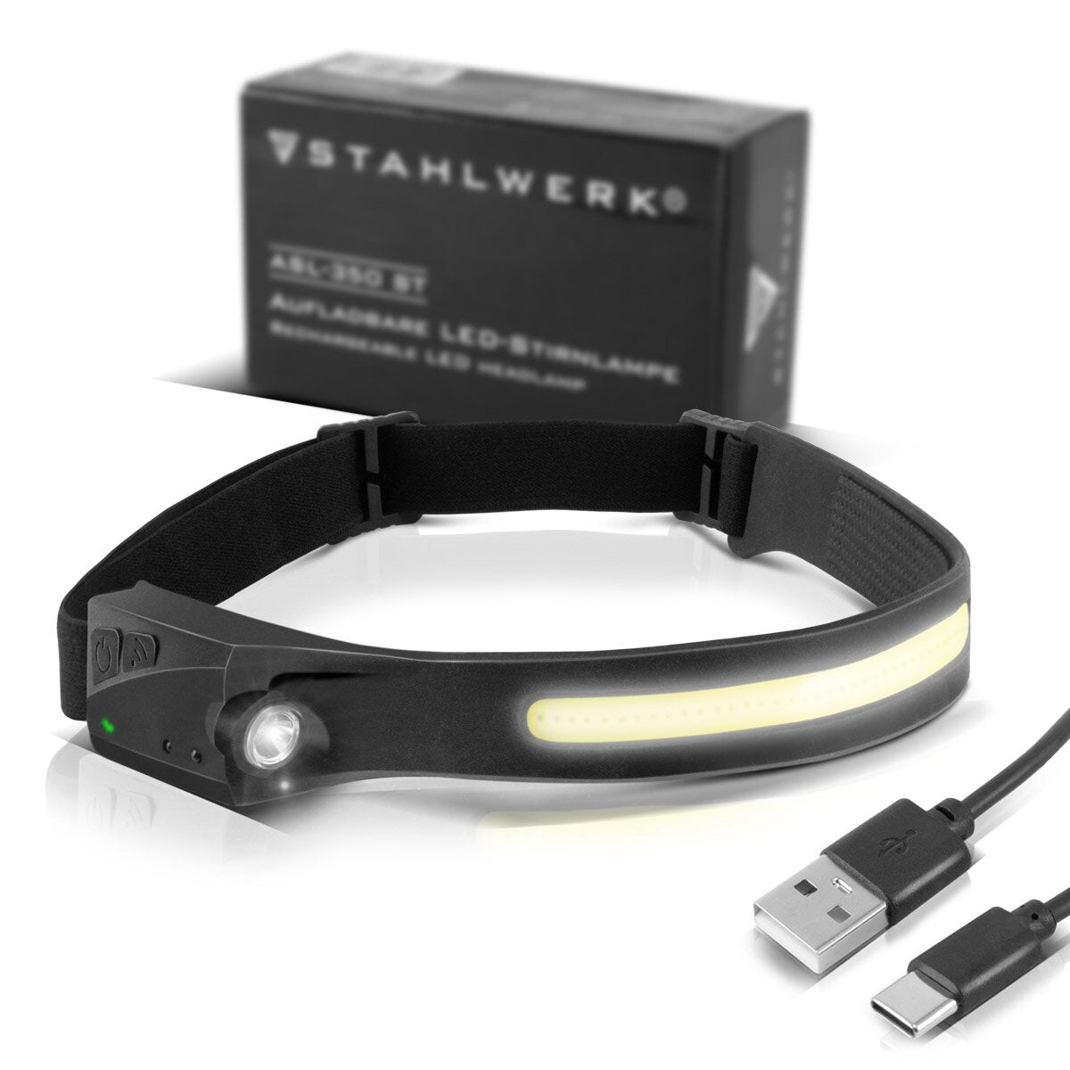 Steelwork LED lamp ALS-350 ST Powerful head light / work light / forehead lamp with integrated battery, USB-C connection, 5 light modes and sensor