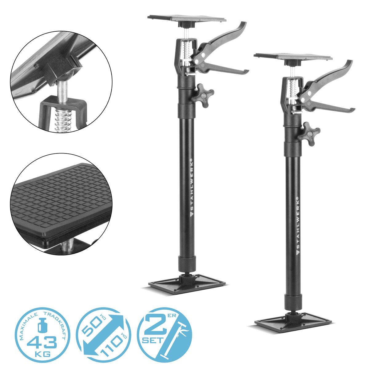 Steelworks Telescopic support bar 2 Set 50-110 cm with 43 kg load capacity assembly support | Baustützen | Telescopic support | Door tensioner | Ceiling support | Tension support | One -hand support | Rapid