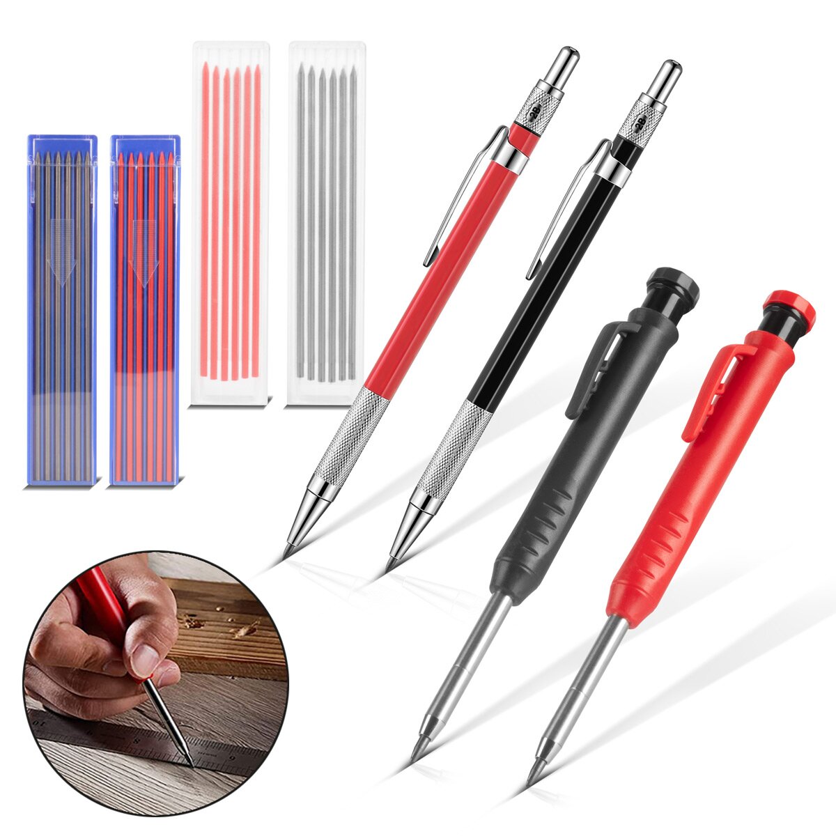 STAHLWERK Tieflochmarker Bleistift 4er Set mit 36 Ersatzminen und integriertem Spitzer Baubleistift | Bohrlochmarker | Zimmermannsbleistift | Markierstift | Baumarker | Druckbleistift