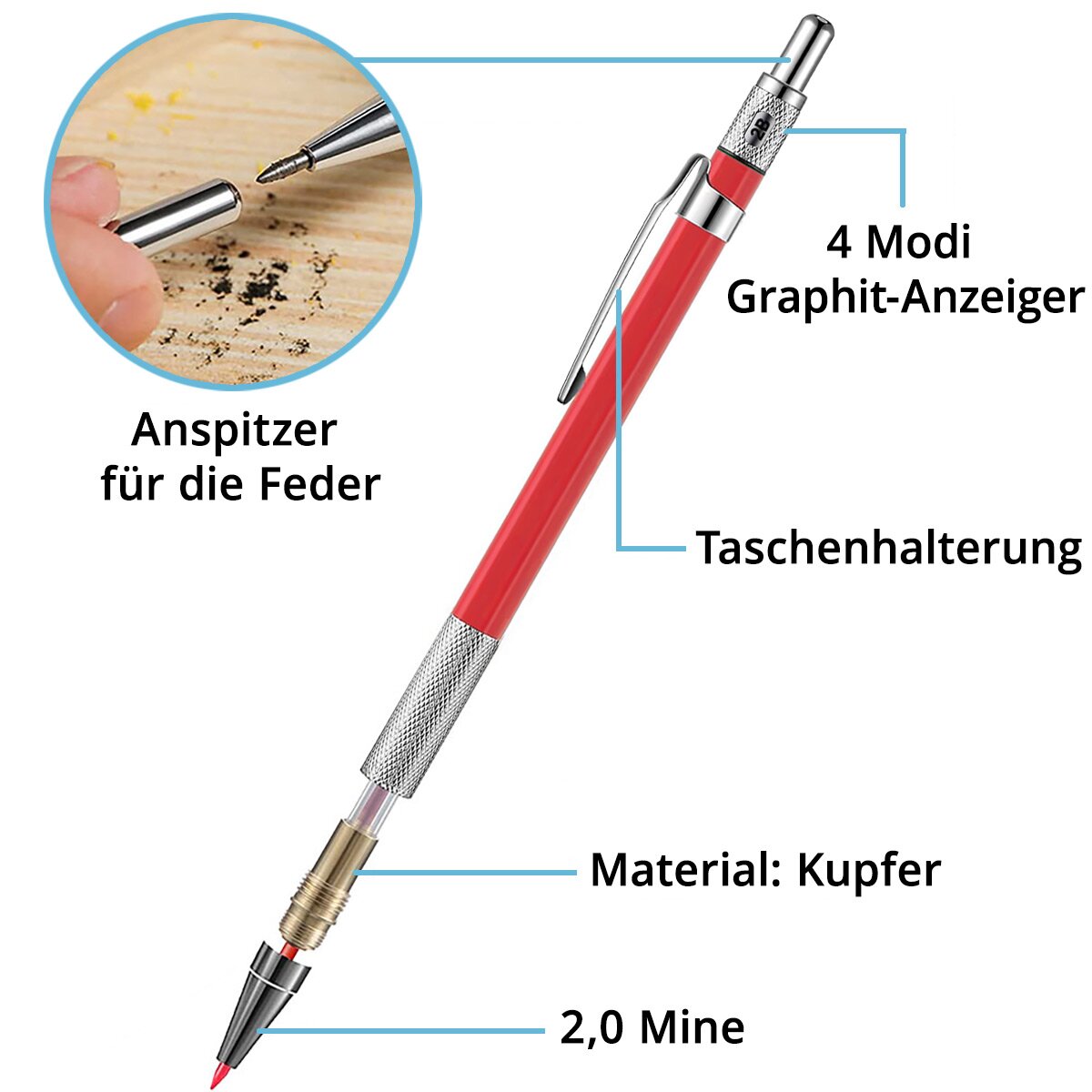 STAHLWERK Tieflochmarker Bleistift 4er Set mit 36 Ersatzminen und integriertem Spitzer Baubleistift | Bohrlochmarker | Zimmermannsbleistift | Markierstift | Baumarker | Druckbleistift