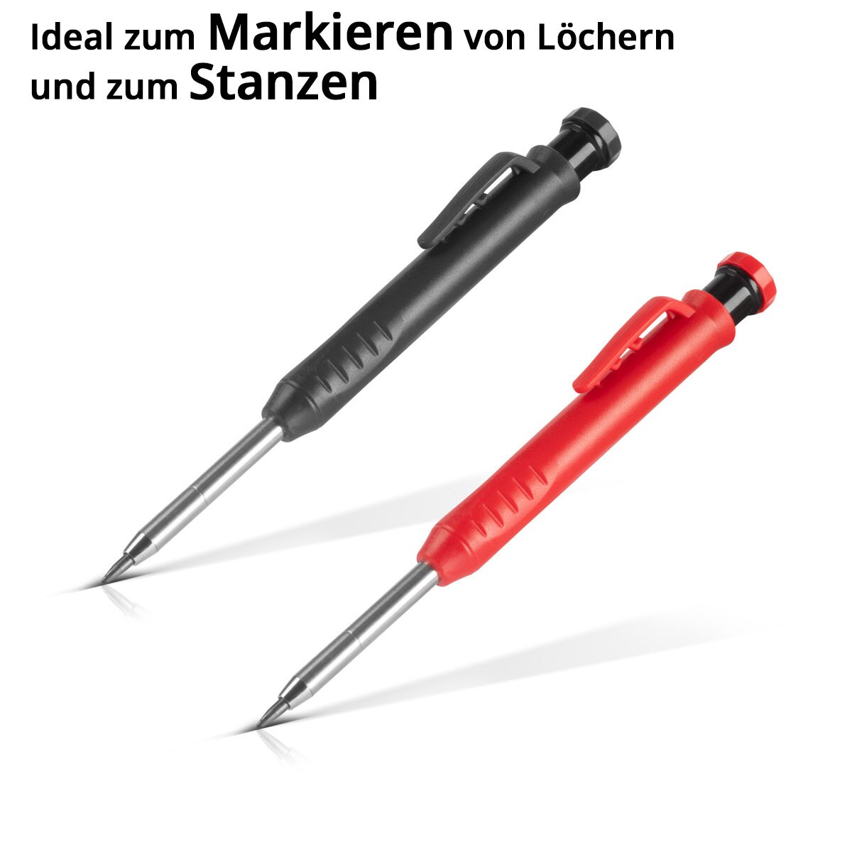 STAHLWERK Tieflochmarker Bleistift 4er Set mit 36 Ersatzminen und integriertem Spitzer Baubleistift | Bohrlochmarker | Zimmermannsbleistift | Markierstift | Baumarker | Druckbleistift