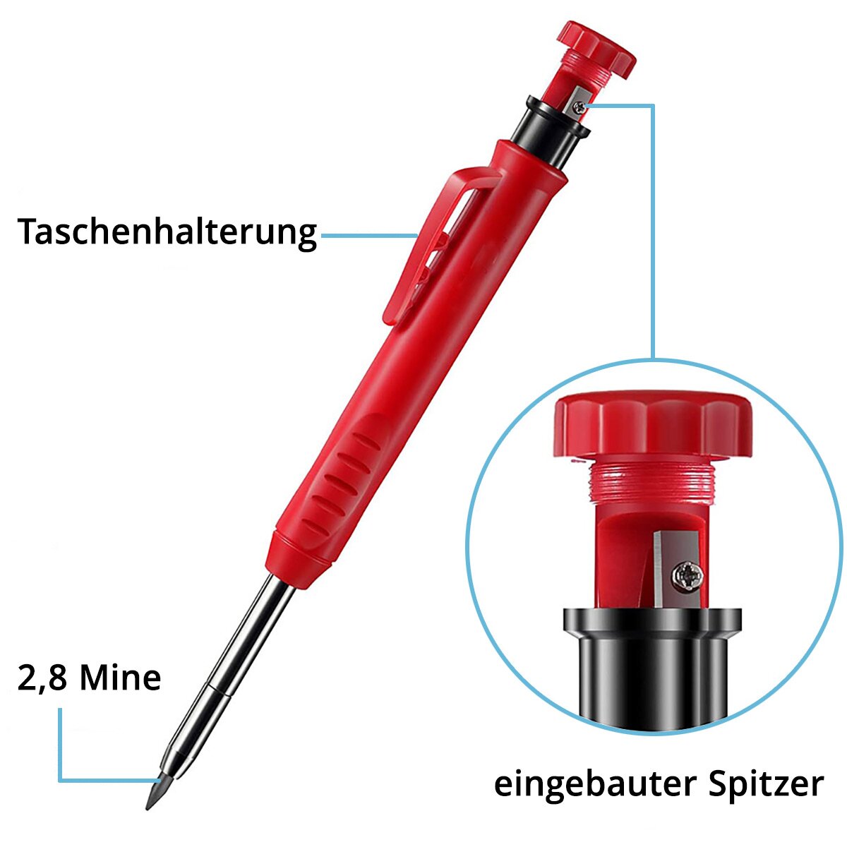 STAHLWERK Tieflochmarker Bleistift 4er Set mit 36 Ersatzminen und integriertem Spitzer Baubleistift | Bohrlochmarker | Zimmermannsbleistift | Markierstift | Baumarker | Druckbleistift