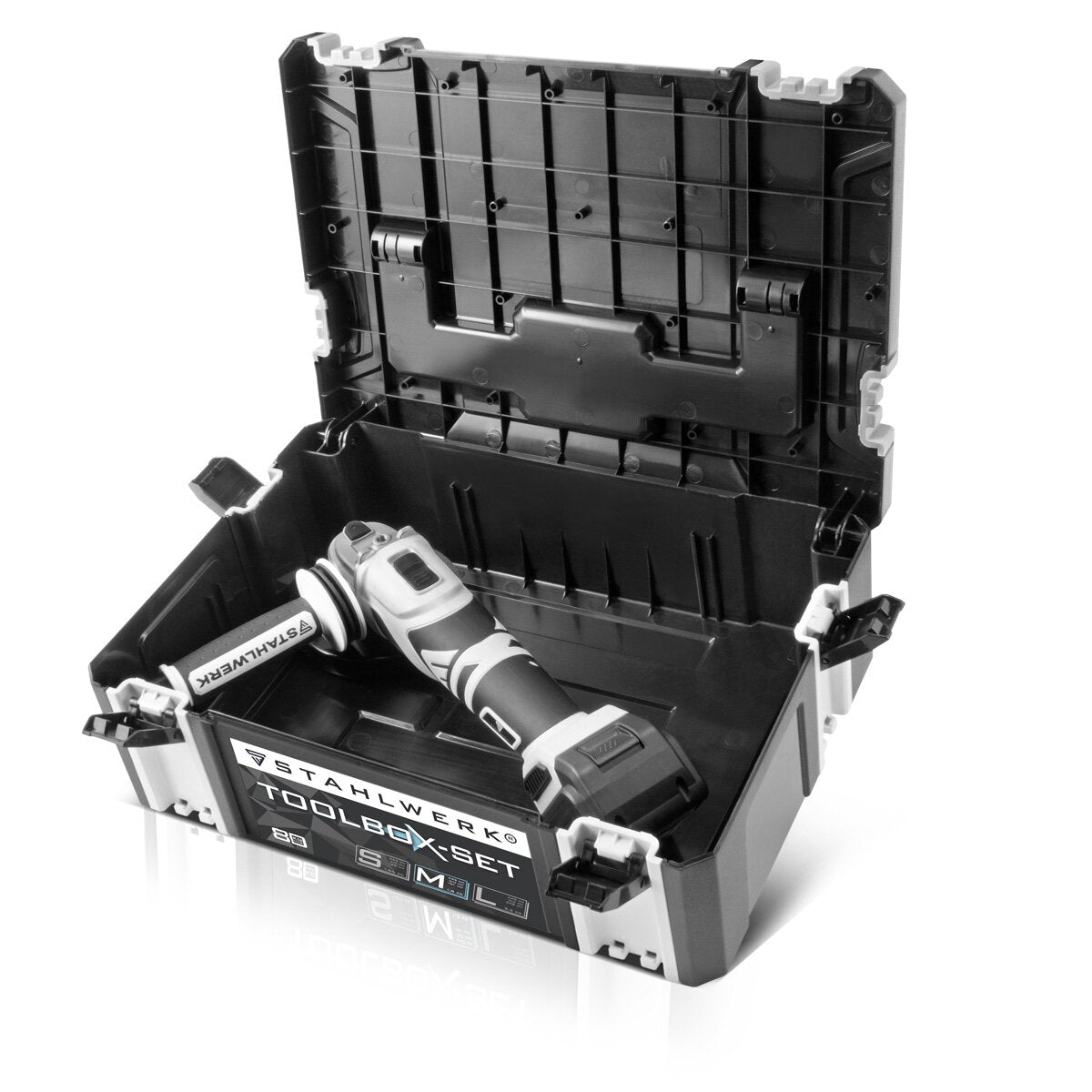 Steelworks Universal Toolbox Set / Tool Cand / Tool Carrier, Stackable 5 in 1 module system made of highly resilient ABS plastic with a handle and rubberized steering rolls