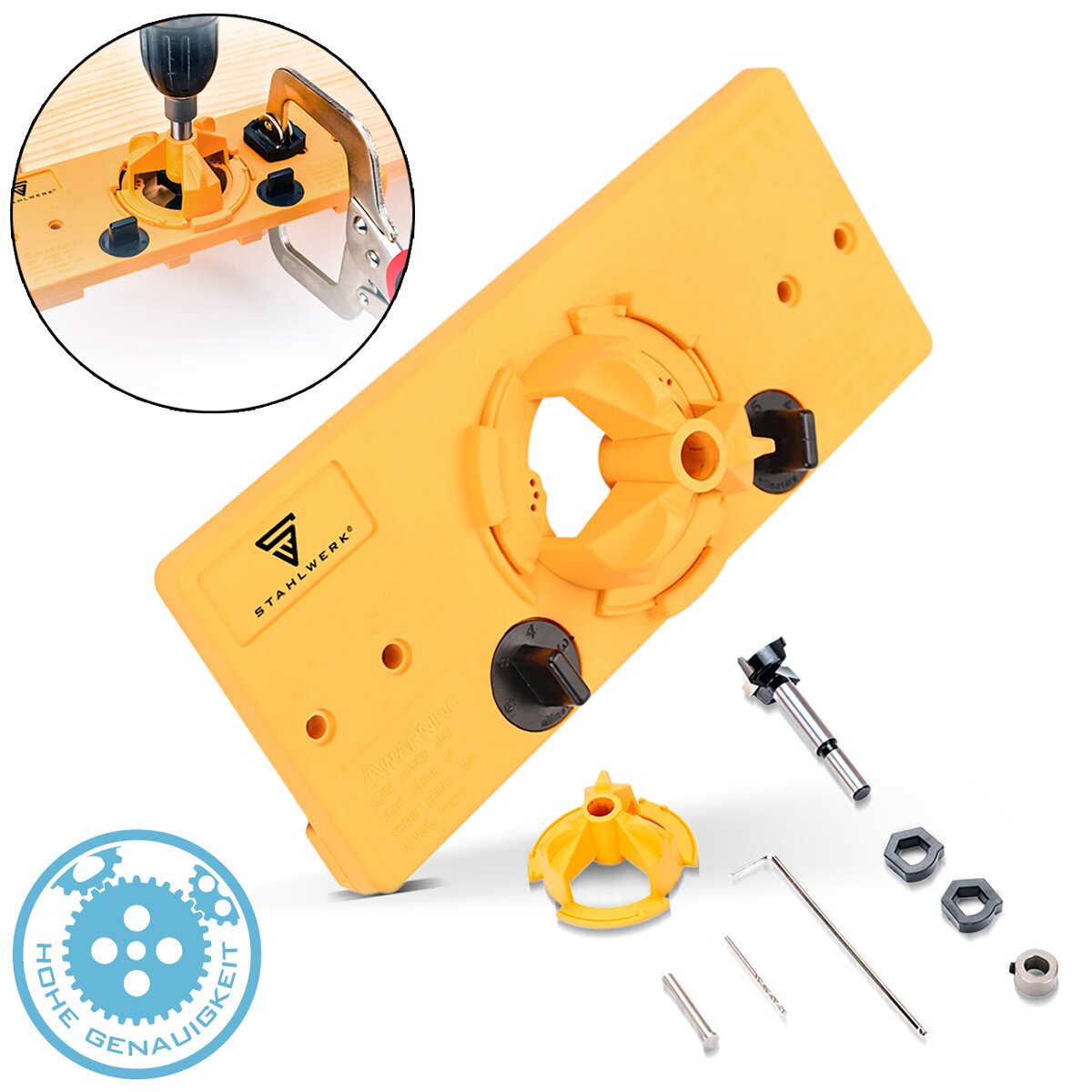 Steelworks pot tape drilling template with 35 mm forest drill hinge hole drill | Drilling help | Drilling | Drilling apprenticeship for drilling hinge holes