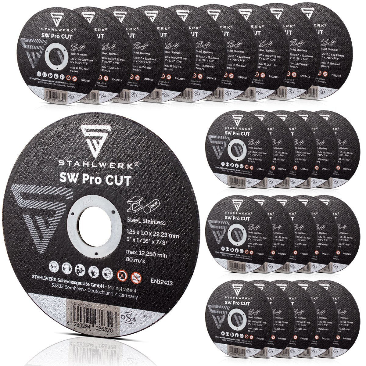 Steelwork SW Pro Cut 25 Set 125 x 1,0 x 22,23 mm | 5 «x 3/64 x 7/8« Roues de broyage | Flex tranches de broyeur d'angle pour séparer l'acier, l'acier inoxydable, l'aluminium et les ne-métaux