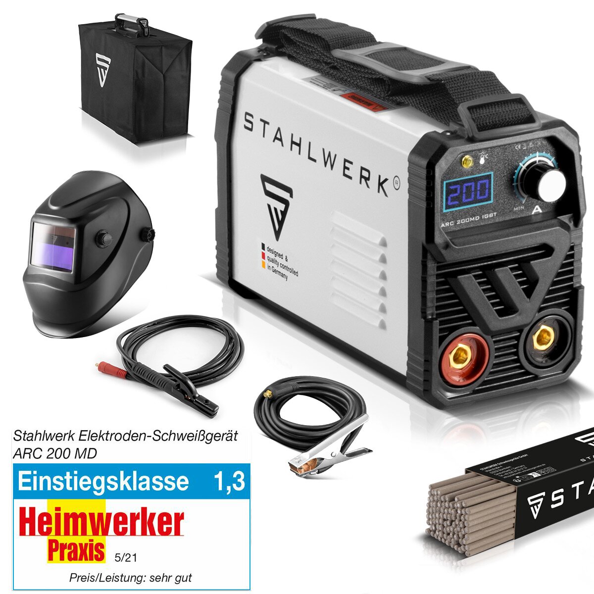 Stahlwerk ARC 200 MD welding machine Full equipment - DC MMA | E-hand | Lift-Tig inverter with 200 ampere, IGBT technology and single board, 7-year manufacturer guarantee