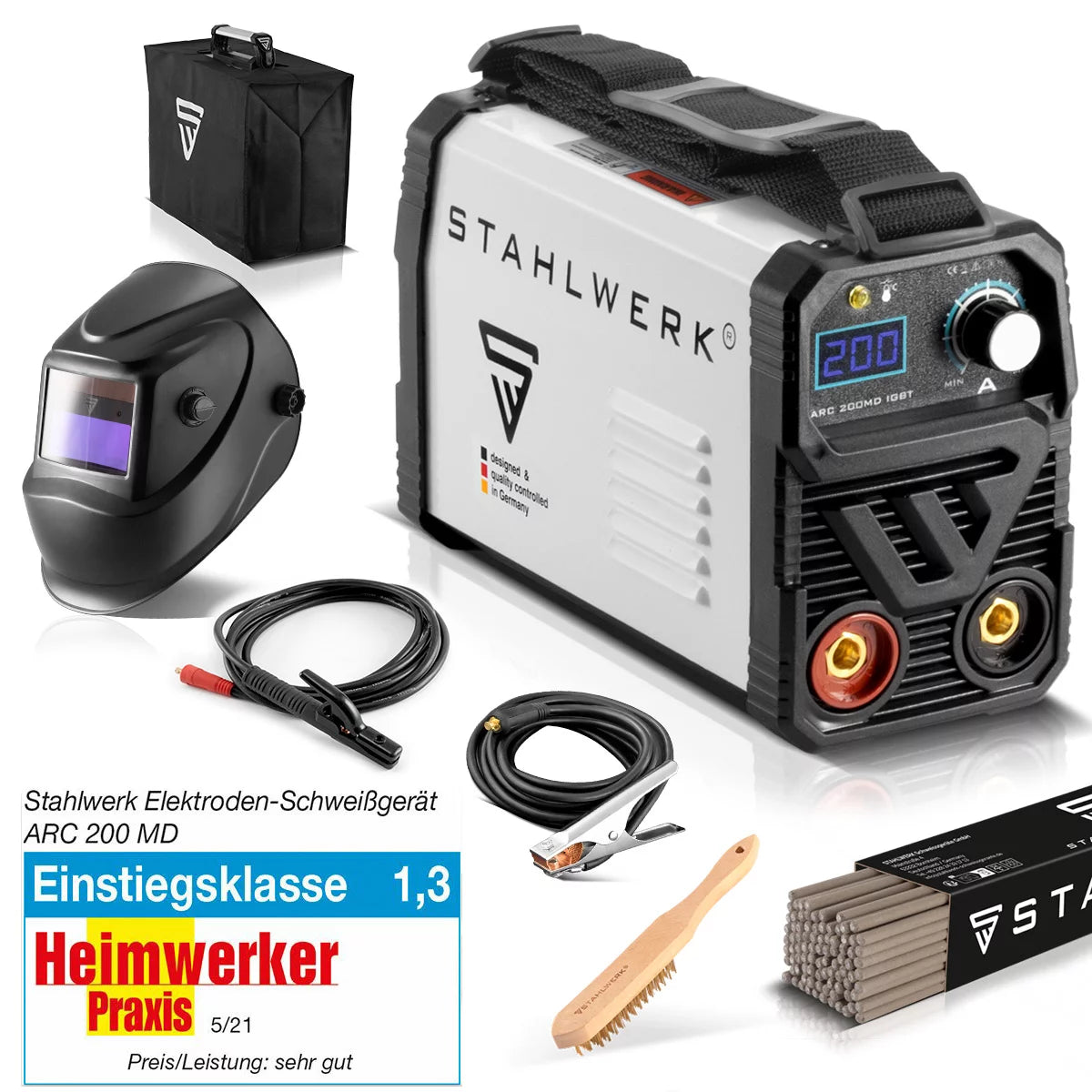 Stahlwerk Arc 200 MD Machine de soldadura Equipo completo - DC MMA | E-Hand | Inverter Lift-Tig con 200 amperios, tecnología IGBT y junta única, garantía del fabricante de 7 años