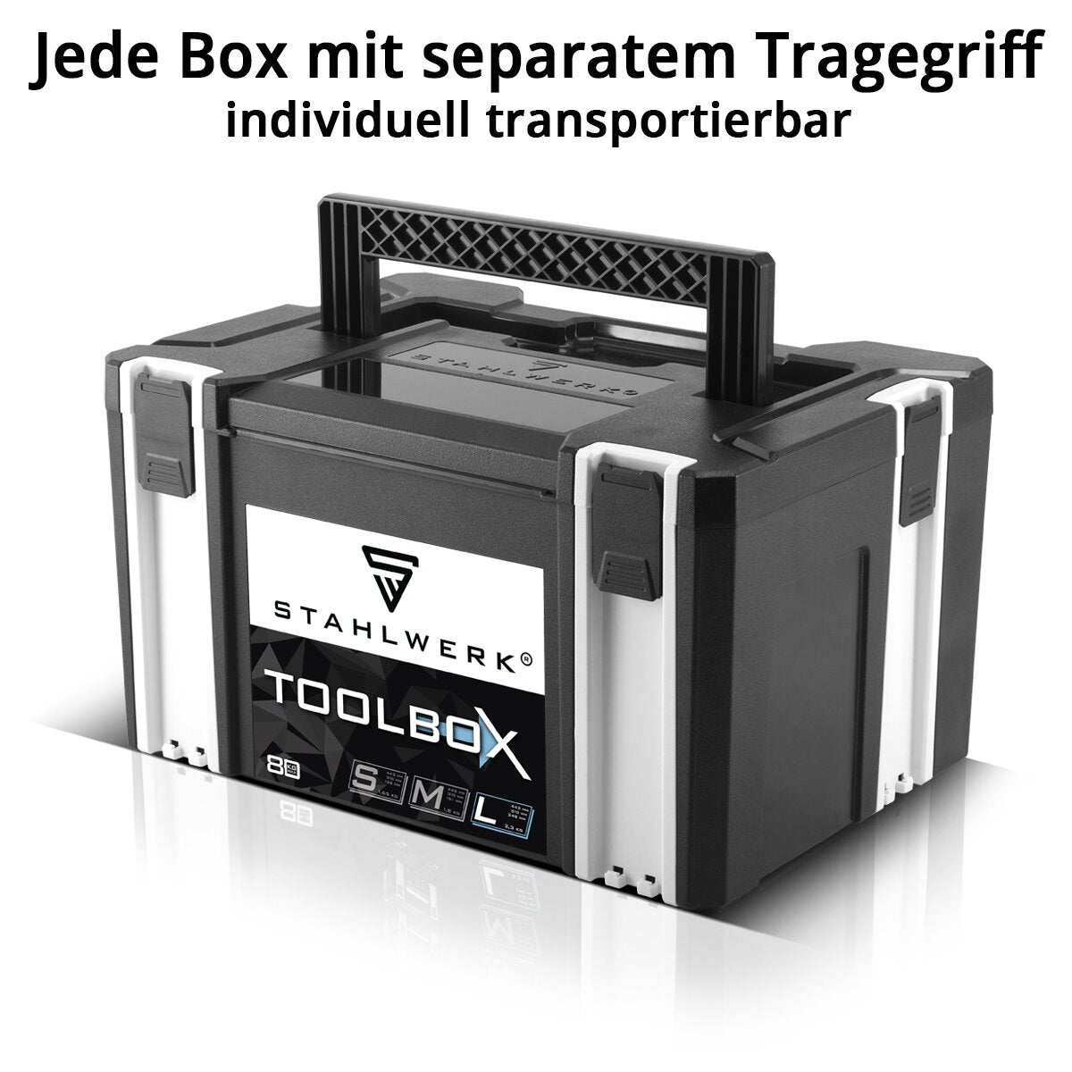 Steelworks Universal Toolbox size L 443 x 310 x 248 mm stackable system box | Tool box | Tool case | Tool organizer in the module system made of highly resilient ABS plastic with a handle