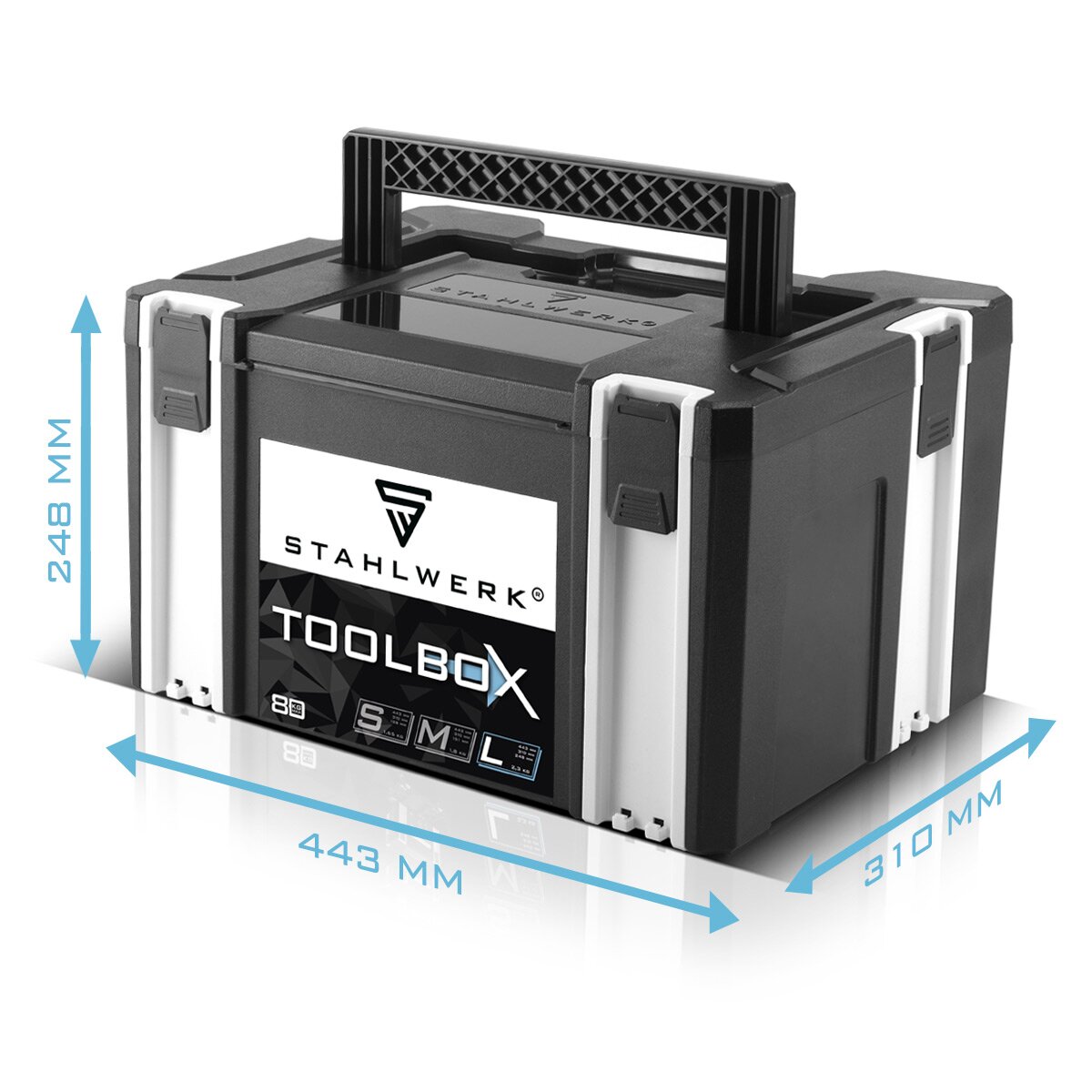 Steelworks Universal Toolbox size L 443 x 310 x 248 mm stackable system box | Tool box | Tool case | Tool organizer in the module system made of highly resilient ABS plastic with a handle