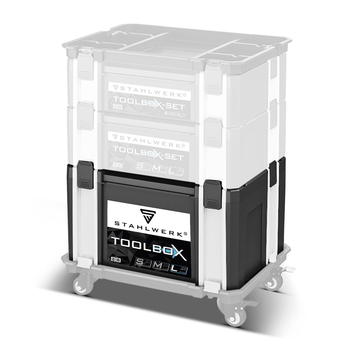 Steelworks Universal Toolbox size L 443 x 310 x 248 mm stackable system box | Tool box | Tool case | Tool organizer in the module system made of highly resilient ABS plastic with a handle